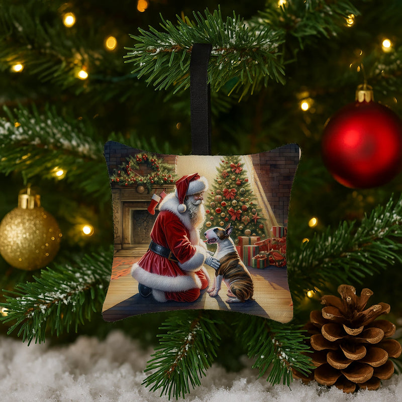 Bull Terrier and Santa Claus Hanging Square Fabric Ornament 3.5 × 3.5