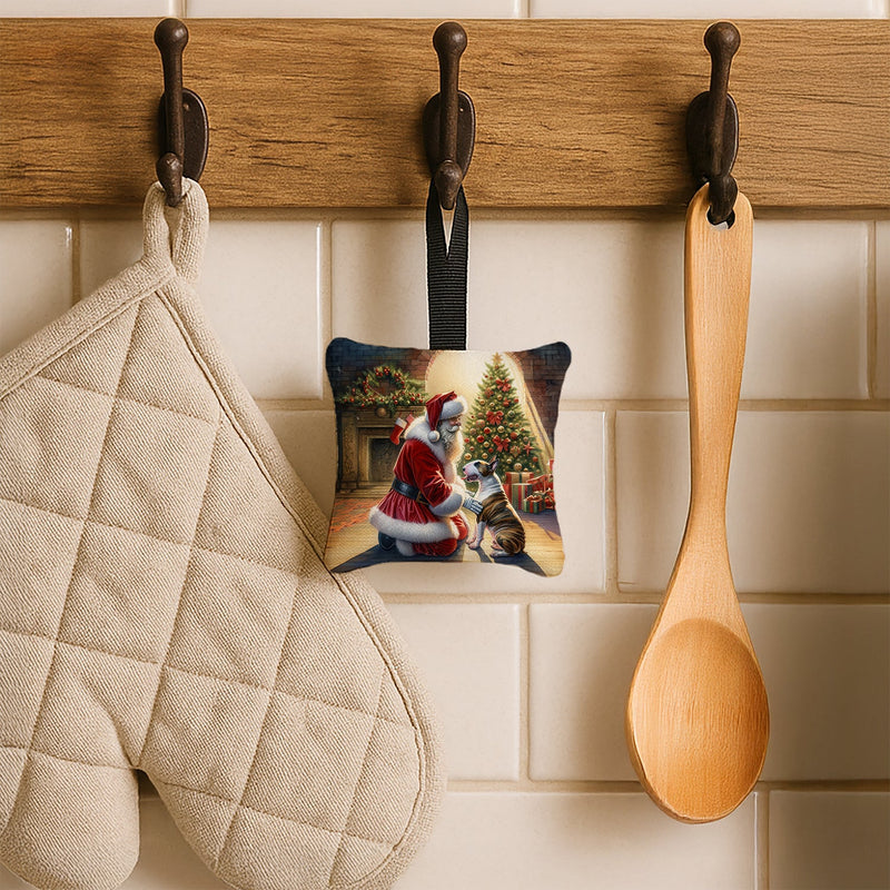 Bull Terrier and Santa Claus Hanging Square Fabric Ornament 3.5 × 3.5