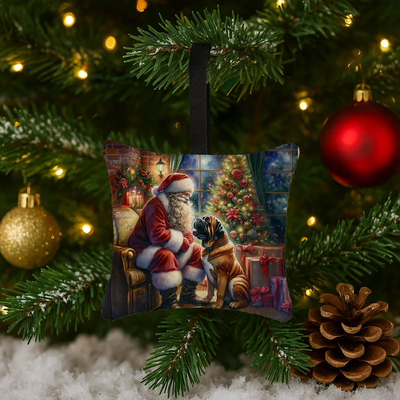 Bullmastiff and Santa Claus Hanging Square Fabric Ornament 3.5 × 3.5
