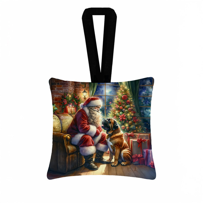 Bullmastiff and Santa Claus Hanging Square Fabric Ornament 3.5 × 3.5