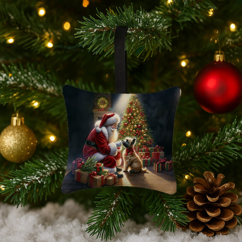 Cairn Terrier and Santa Claus Hanging Square Fabric Ornament 3.5 × 3.5