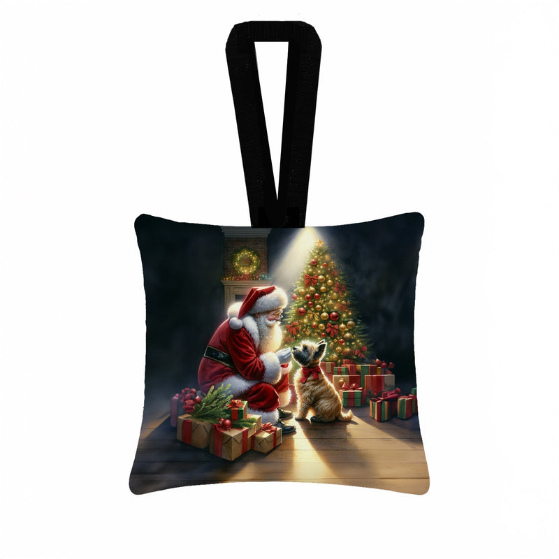 Cairn Terrier and Santa Claus Hanging Square Fabric Ornament 3.5 × 3.5