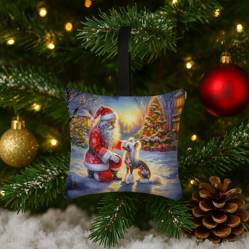 Chinese Crested and Santa Claus Hanging Square Fabric Ornament 3.5 × 3.5