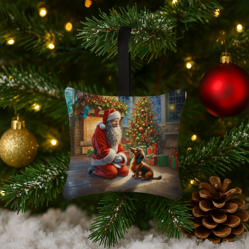Dachshund and Santa Claus Hanging Square Fabric Ornament 3.5 × 3.5