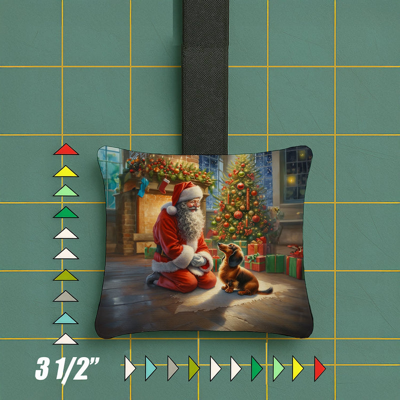 Dachshund and Santa Claus Hanging Square Fabric Ornament 3.5 × 3.5