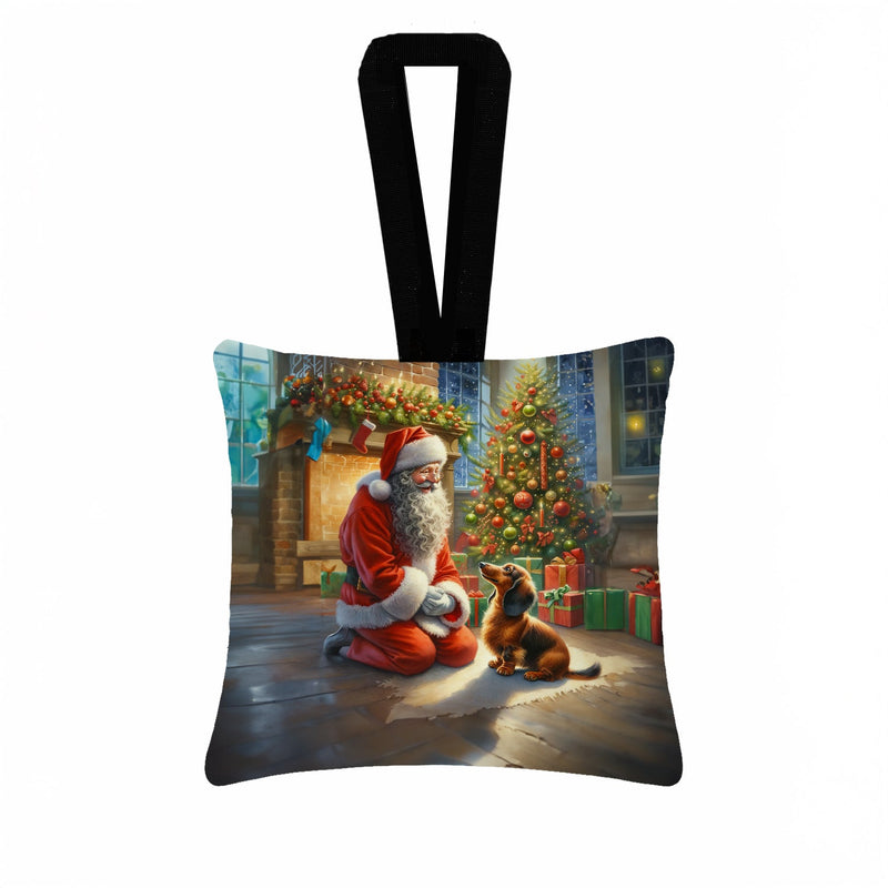 Dachshund and Santa Claus Hanging Square Fabric Ornament 3.5 × 3.5