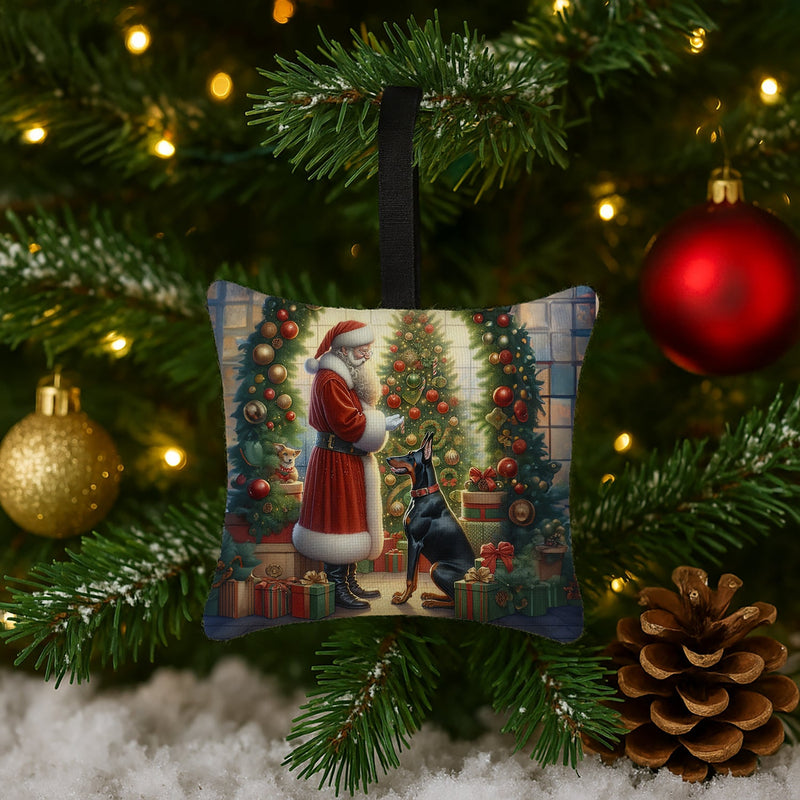 Doberman Pinscher and Santa Claus Hanging Square Fabric Ornament 3.5 × 3.5