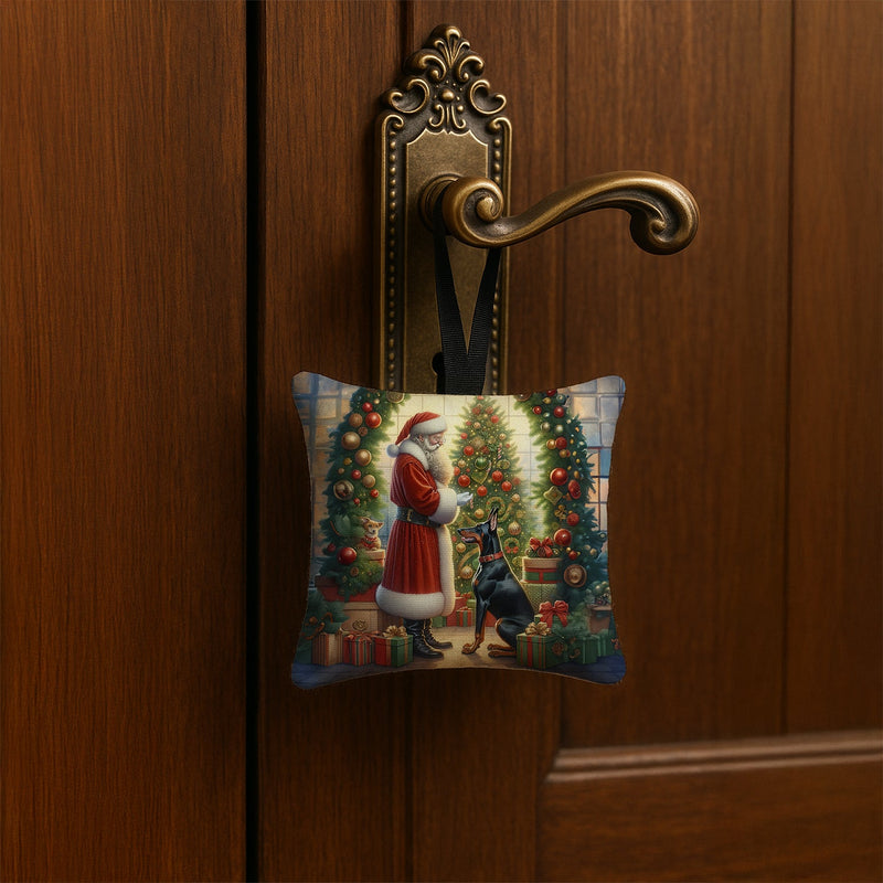 Doberman Pinscher and Santa Claus Hanging Square Fabric Ornament 3.5 × 3.5