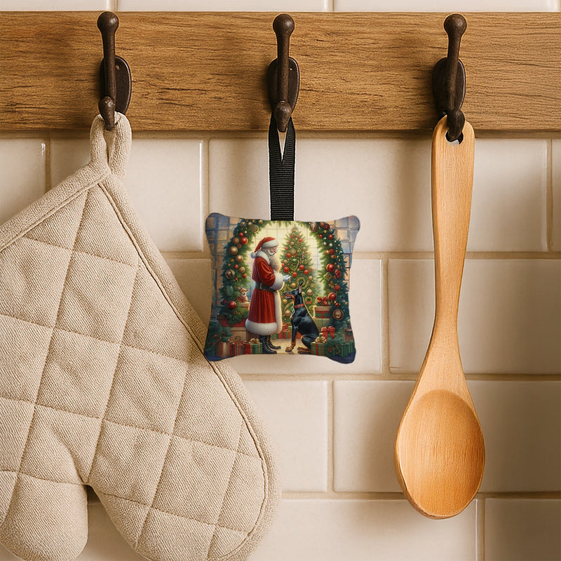 Doberman Pinscher and Santa Claus Hanging Square Fabric Ornament 3.5 × 3.5