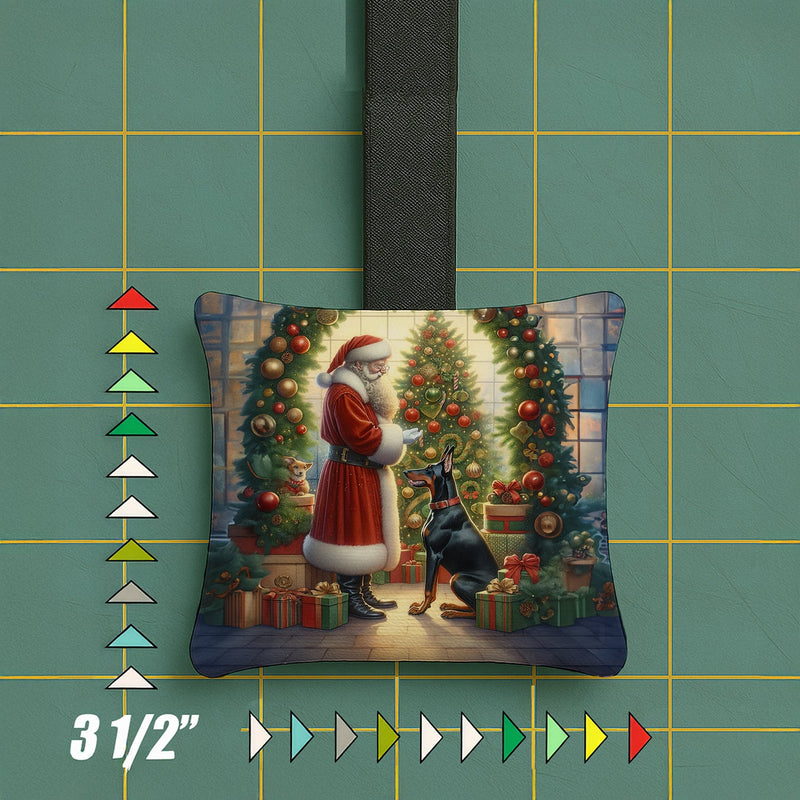 Doberman Pinscher and Santa Claus Hanging Square Fabric Ornament 3.5 × 3.5