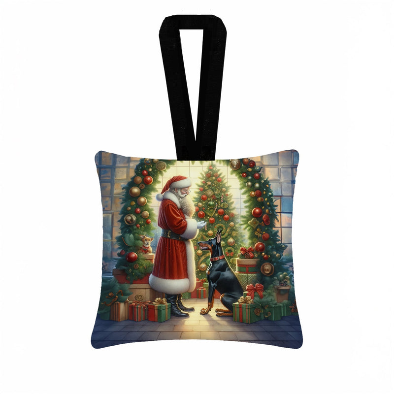Doberman Pinscher and Santa Claus Hanging Square Fabric Ornament 3.5 × 3.5