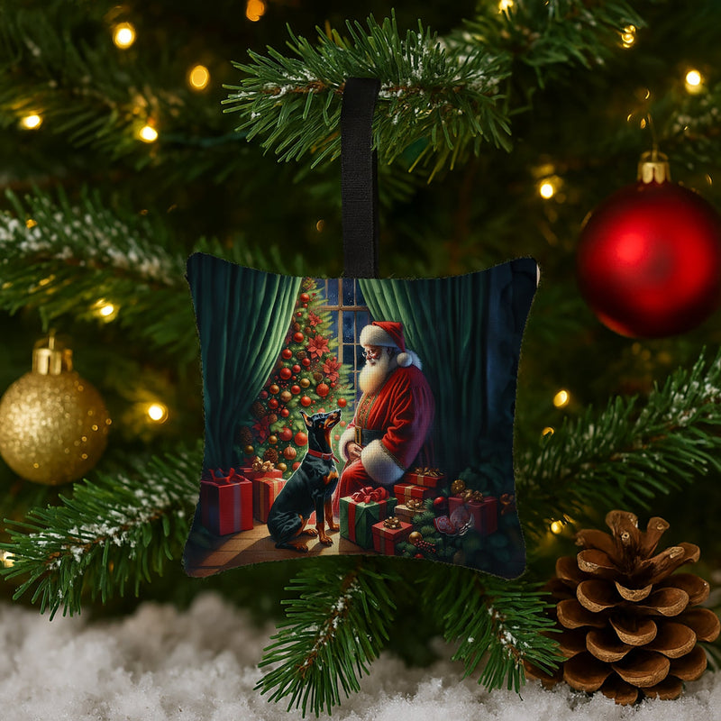 Doberman Pinscher and Santa Claus Hanging Square Fabric Ornament 3.5 × 3.5