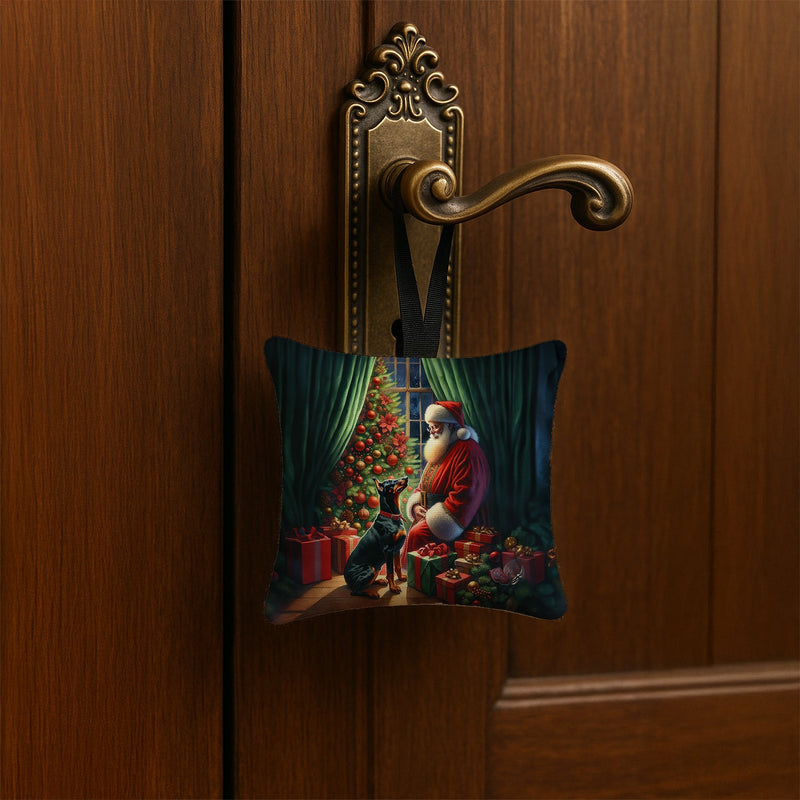 Doberman Pinscher and Santa Claus Hanging Square Fabric Ornament 3.5 × 3.5