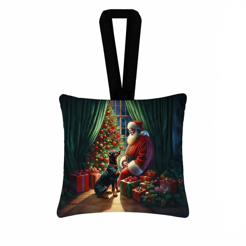 Doberman Pinscher and Santa Claus Hanging Square Fabric Ornament 3.5 × 3.5