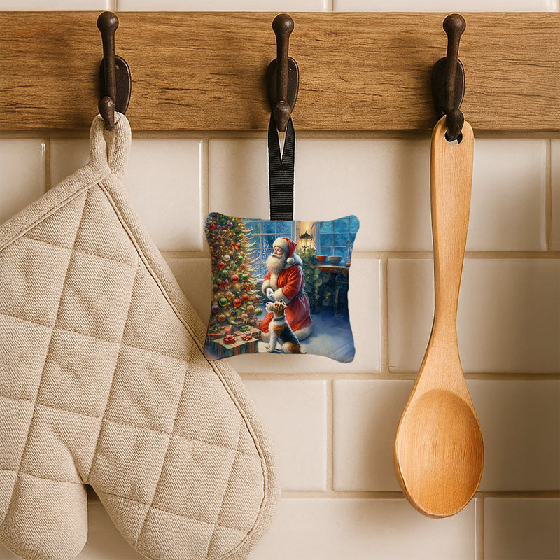 Fox Terrier and Santa Claus Hanging Square Fabric Ornament 3.5 × 3.5