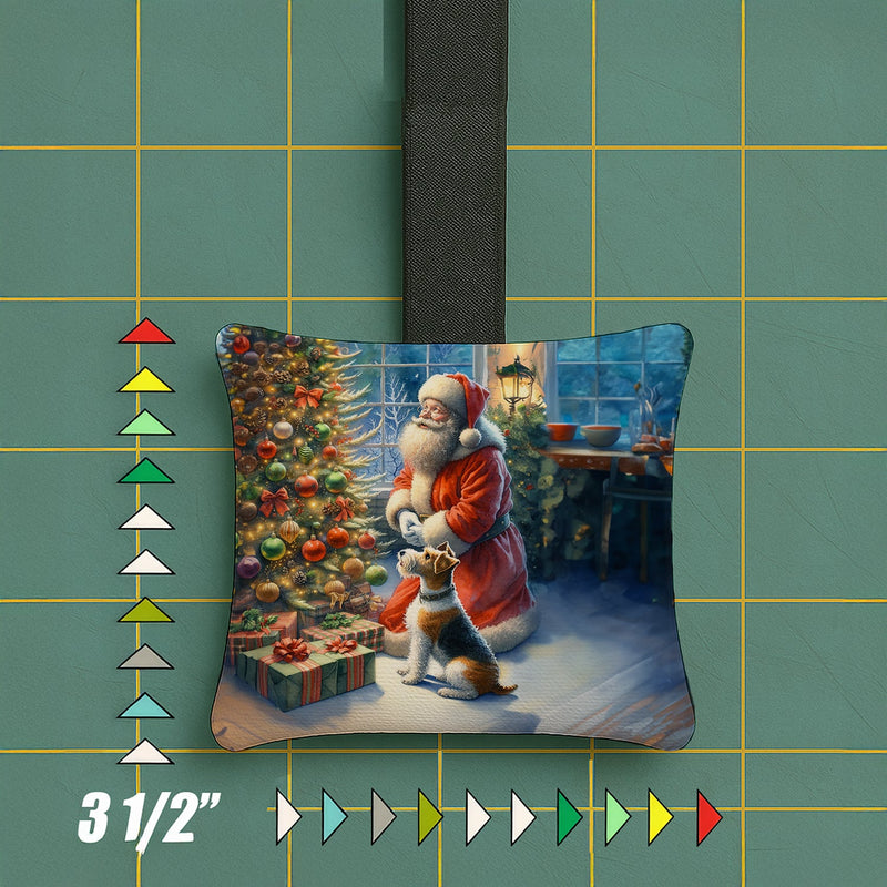 Fox Terrier and Santa Claus Hanging Square Fabric Ornament 3.5 × 3.5
