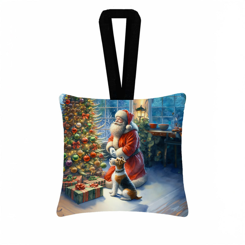 Fox Terrier and Santa Claus Hanging Square Fabric Ornament 3.5 × 3.5