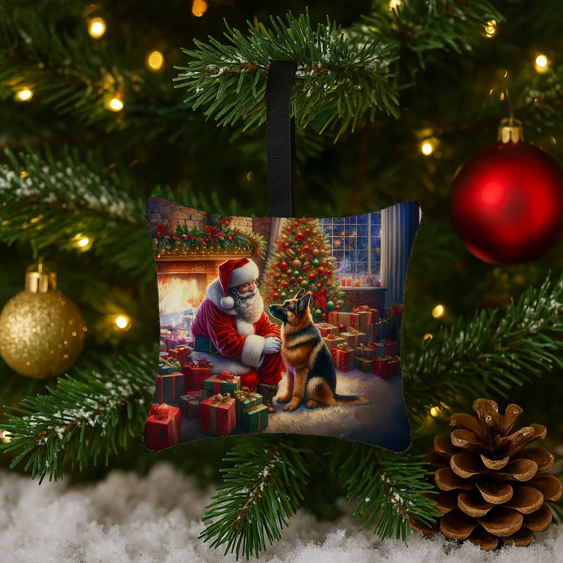 German Shepherd and Santa Claus Hanging Square Fabric Ornament 3.5 × 3.5
