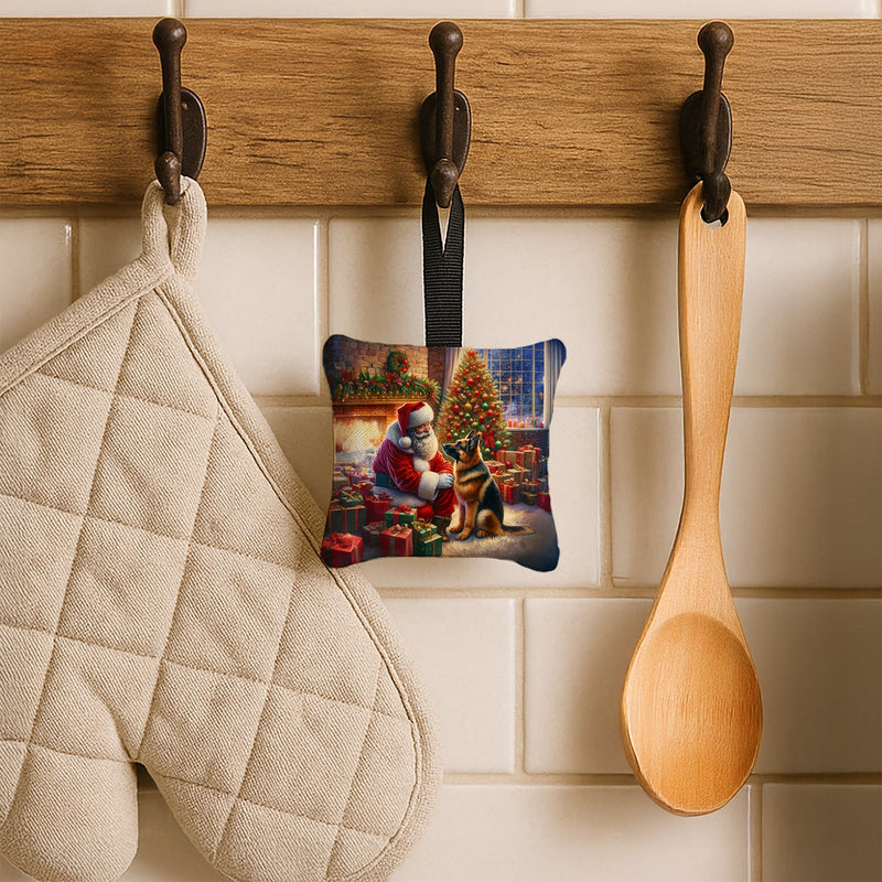 German Shepherd and Santa Claus Hanging Square Fabric Ornament 3.5 × 3.5