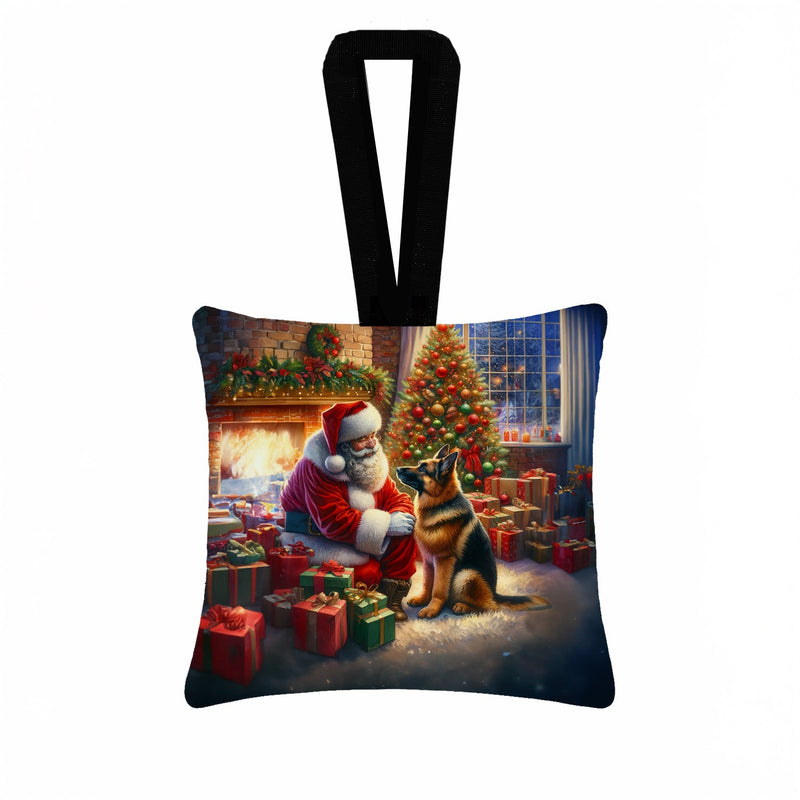 German Shepherd and Santa Claus Hanging Square Fabric Ornament 3.5 × 3.5