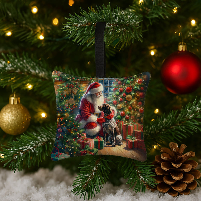 German Shorthaired Pointer and Santa Claus Hanging Square Fabric Ornament 3.5 × 3.5