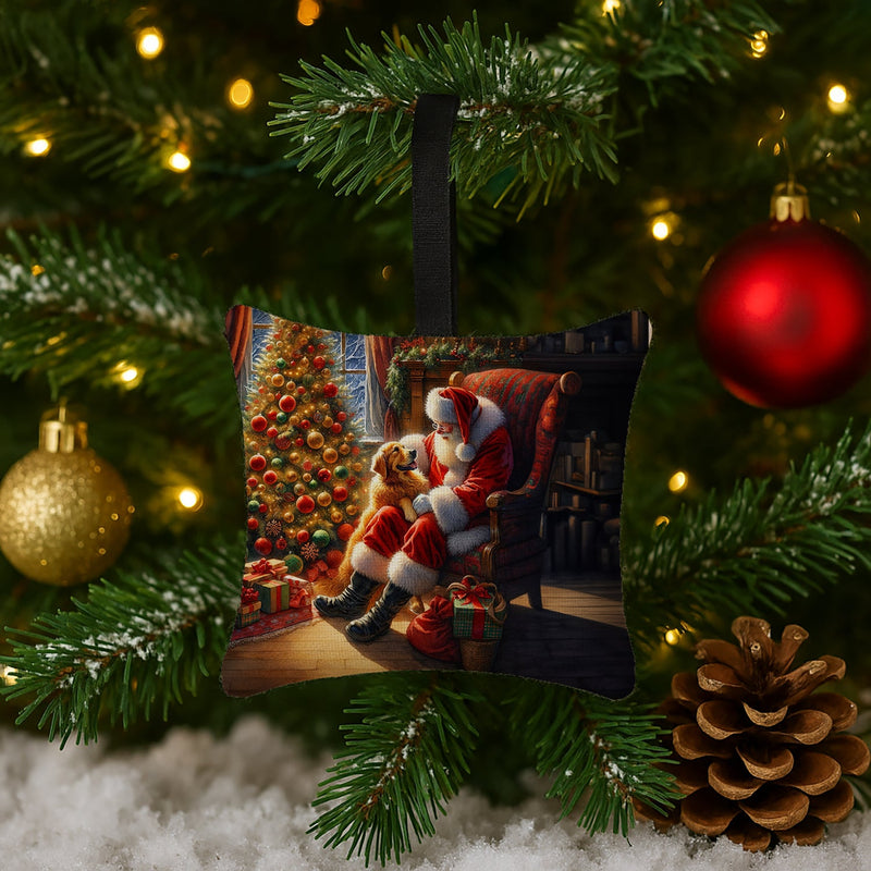 Golden Retriever and Santa Claus Hanging Square Fabric Ornament 3.5 × 3.5