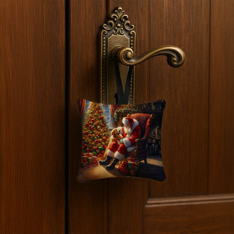 Golden Retriever and Santa Claus Hanging Square Fabric Ornament 3.5 × 3.5