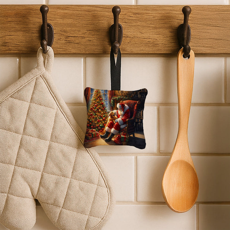 Golden Retriever and Santa Claus Hanging Square Fabric Ornament 3.5 × 3.5