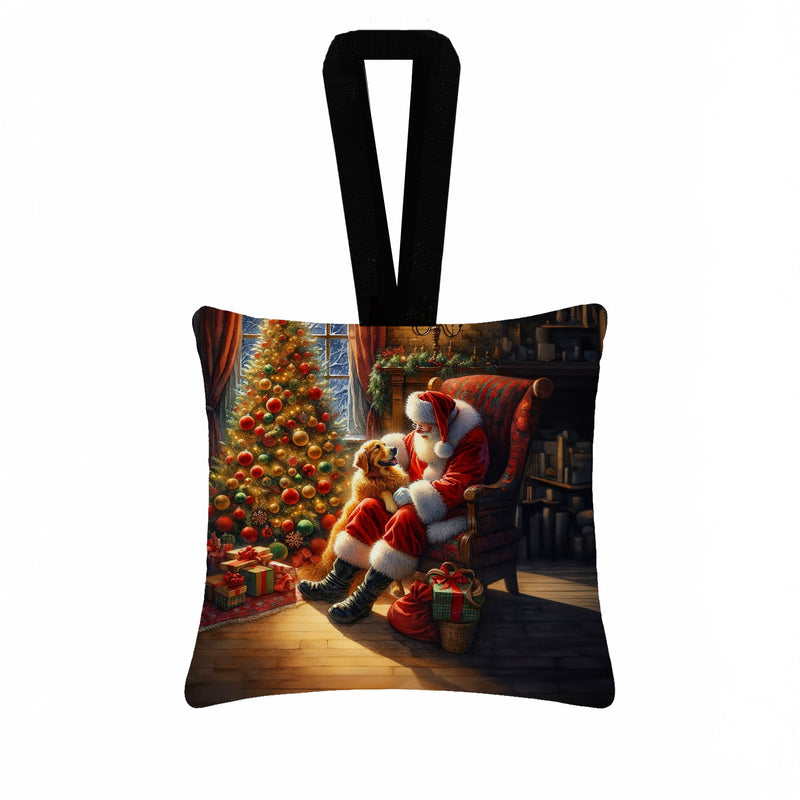 Golden Retriever and Santa Claus Hanging Square Fabric Ornament 3.5 × 3.5