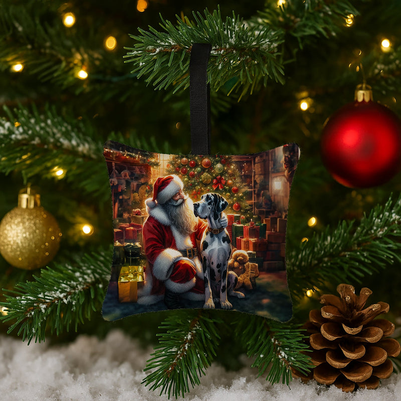 Great Dane and Santa Claus Hanging Square Fabric Ornament 3.5 × 3.5