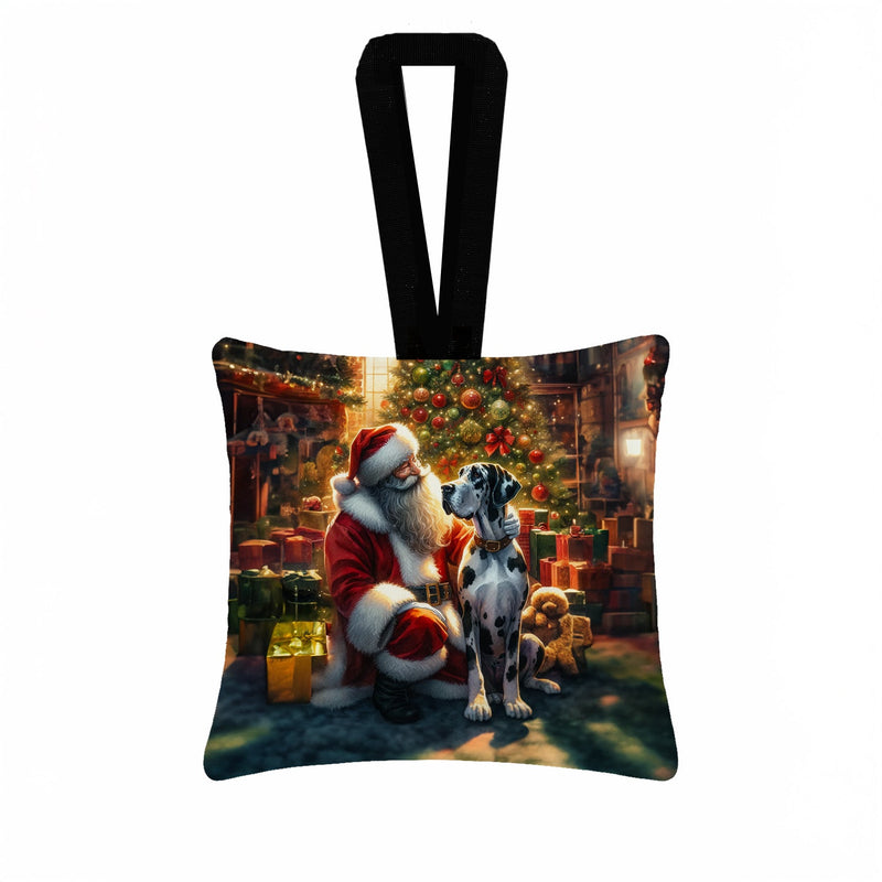 Great Dane and Santa Claus Hanging Square Fabric Ornament 3.5 × 3.5