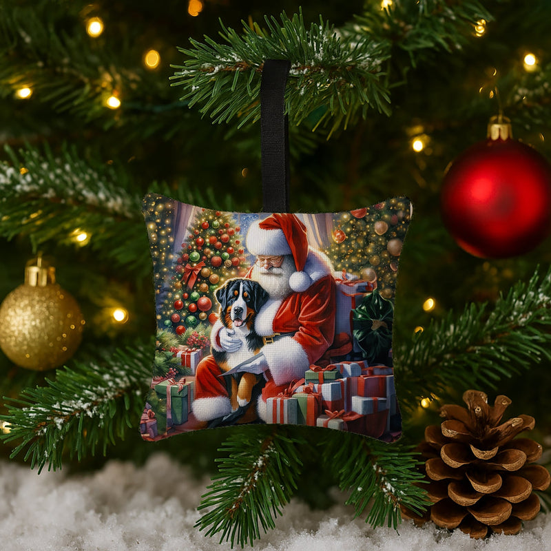 Greater Swiss Mountain Dog and Santa Claus Hanging Square Fabric Ornament 3.5 × 3.5