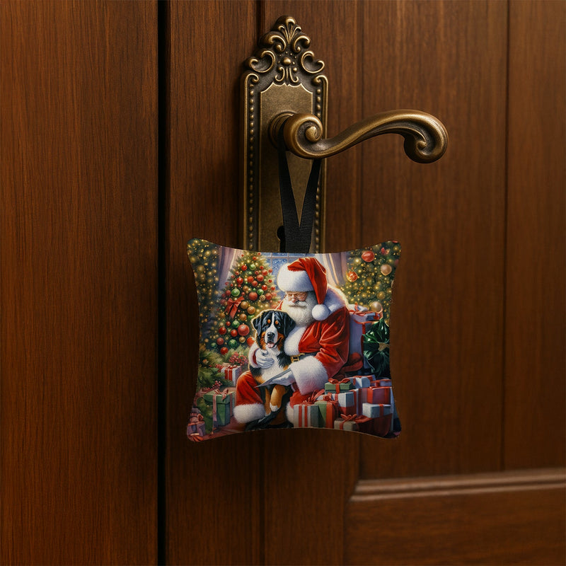 Greater Swiss Mountain Dog and Santa Claus Hanging Square Fabric Ornament 3.5 × 3.5