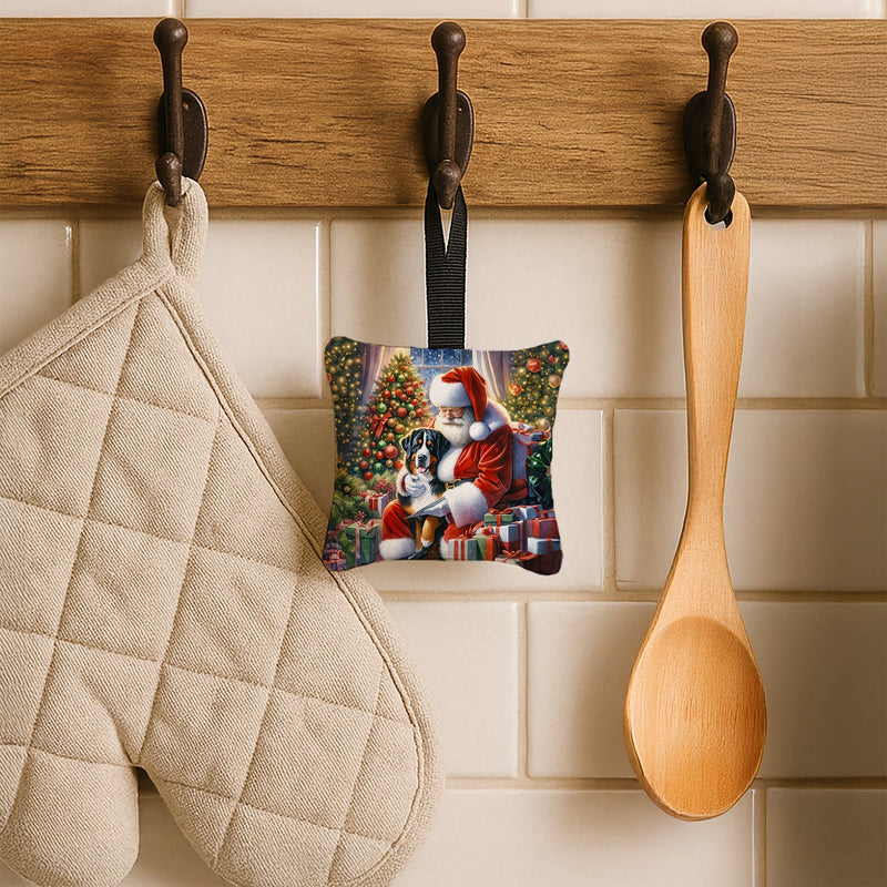 Greater Swiss Mountain Dog and Santa Claus Hanging Square Fabric Ornament 3.5 × 3.5