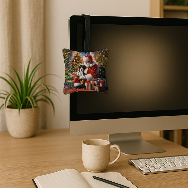 Greater Swiss Mountain Dog and Santa Claus Hanging Square Fabric Ornament 3.5 × 3.5