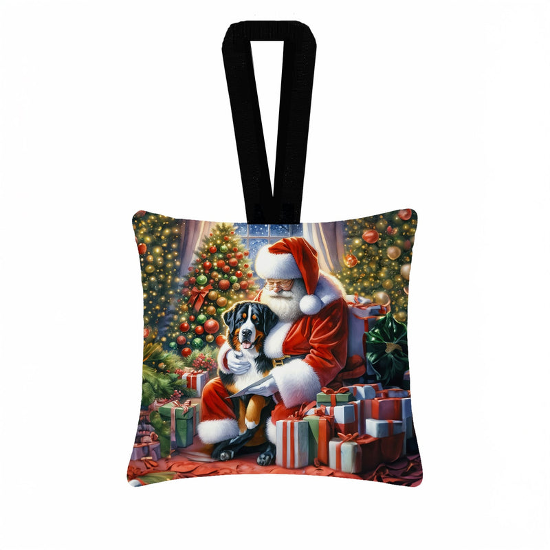 Greater Swiss Mountain Dog and Santa Claus Hanging Square Fabric Ornament 3.5 × 3.5