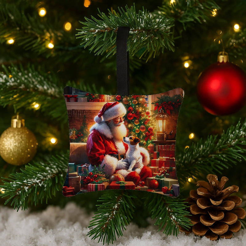 Jack Russell Terrier and Santa Claus Hanging Square Fabric Ornament 3.5 × 3.5