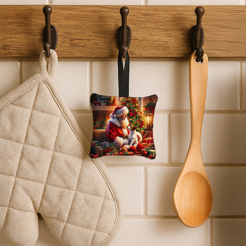 Jack Russell Terrier and Santa Claus Hanging Square Fabric Ornament 3.5 × 3.5