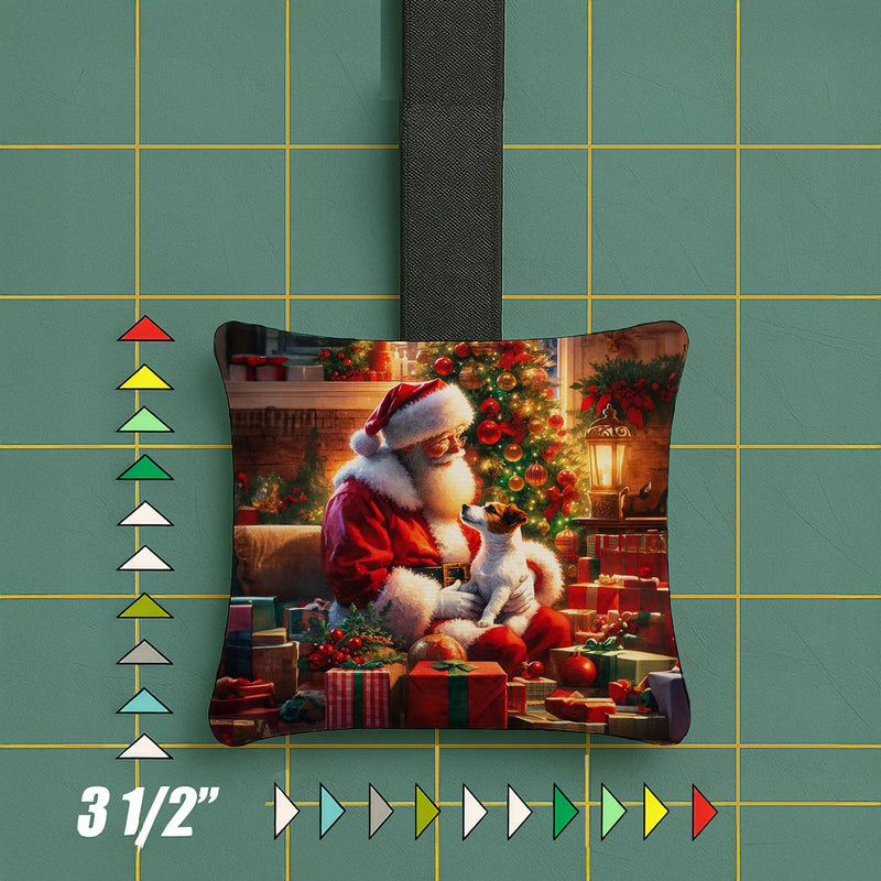 Jack Russell Terrier and Santa Claus Hanging Square Fabric Ornament 3.5 × 3.5