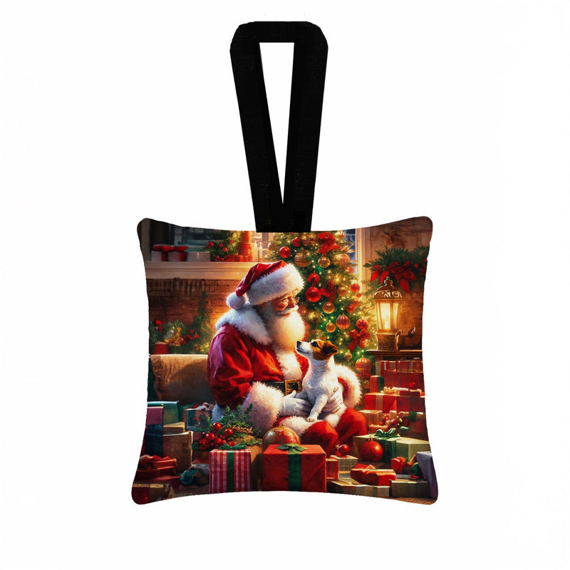 Jack Russell Terrier and Santa Claus Hanging Square Fabric Ornament 3.5 × 3.5