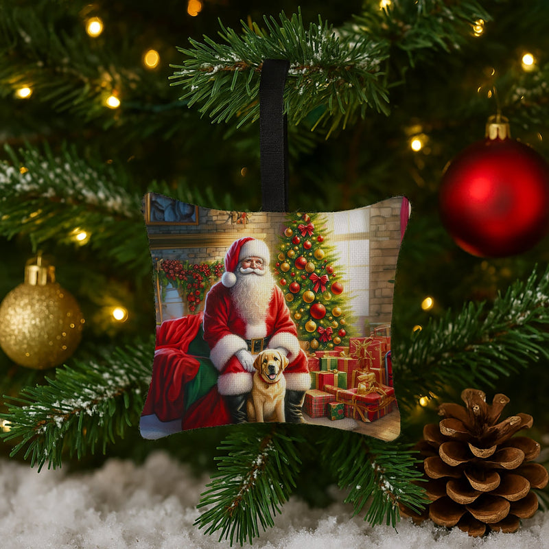 Labrador Retriever and Santa Claus Hanging Square Fabric Ornament 3.5 × 3.5