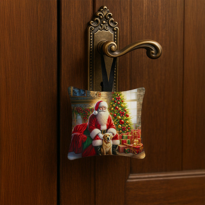 Labrador Retriever and Santa Claus Hanging Square Fabric Ornament 3.5 × 3.5
