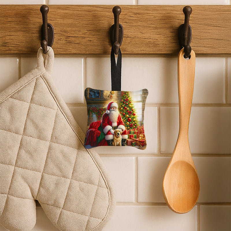 Labrador Retriever and Santa Claus Hanging Square Fabric Ornament 3.5 × 3.5