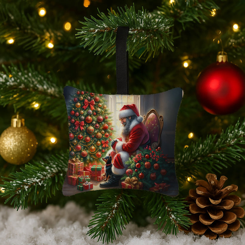 Miniature Pinscher and Santa Claus Hanging Square Fabric Ornament 3.5 × 3.5