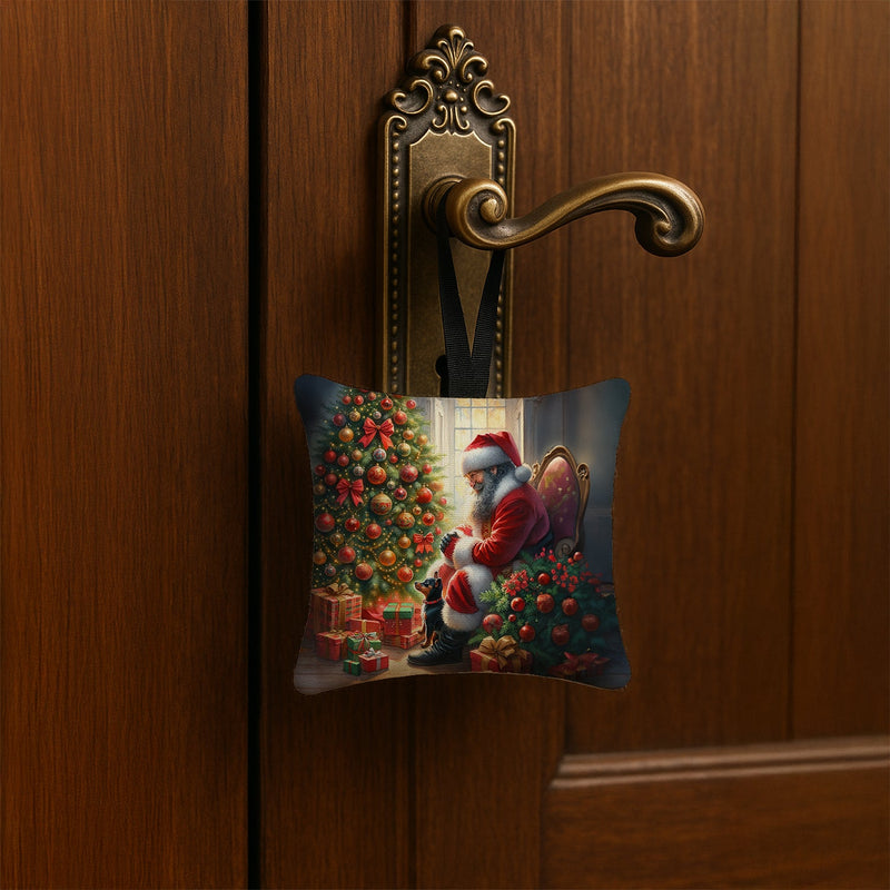 Miniature Pinscher and Santa Claus Hanging Square Fabric Ornament 3.5 × 3.5
