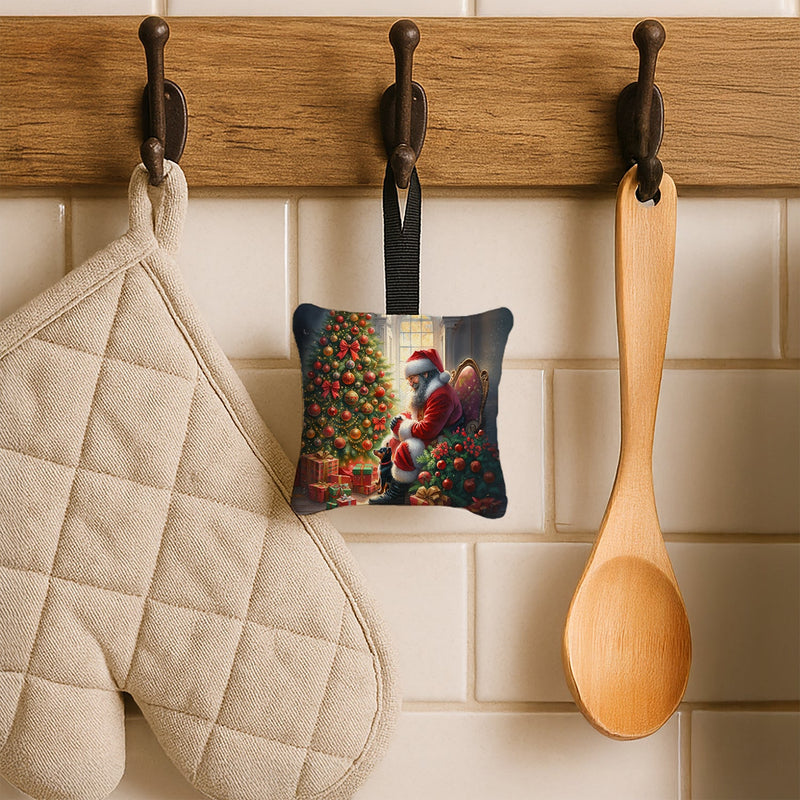 Miniature Pinscher and Santa Claus Hanging Square Fabric Ornament 3.5 × 3.5