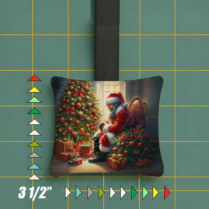 Miniature Pinscher and Santa Claus Hanging Square Fabric Ornament 3.5 × 3.5