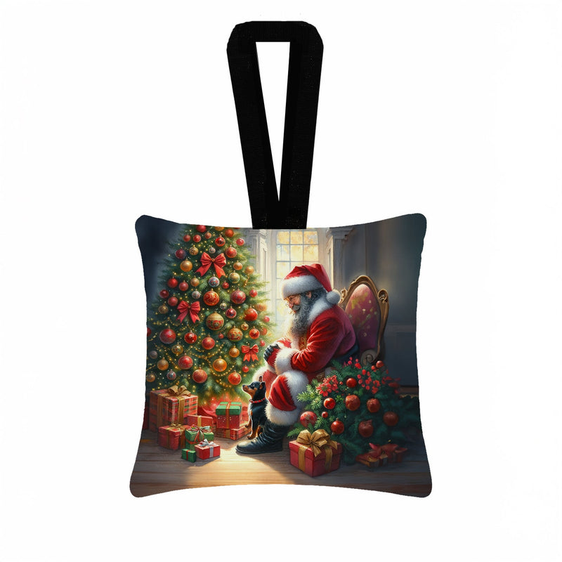 Miniature Pinscher and Santa Claus Hanging Square Fabric Ornament 3.5 × 3.5