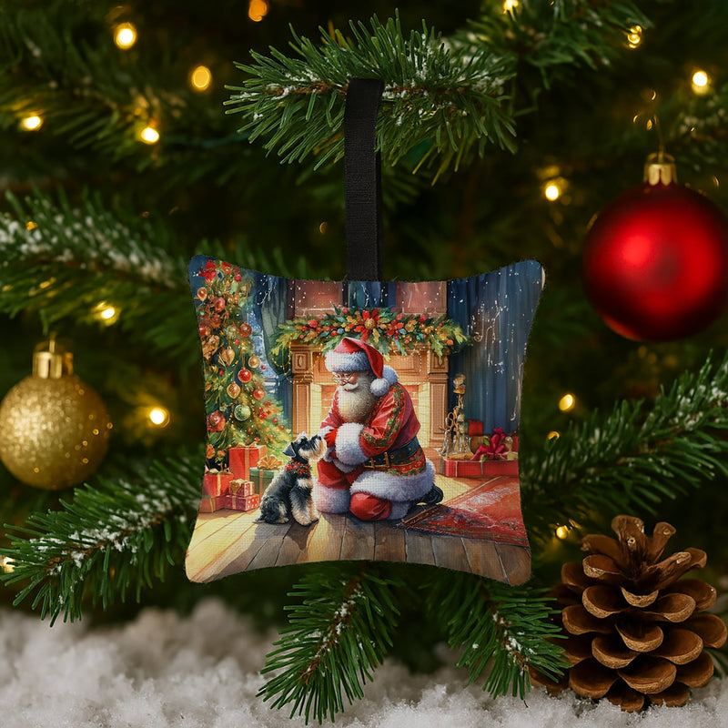Schnauzer and Santa Claus Hanging Square Fabric Ornament 3.5 × 3.5