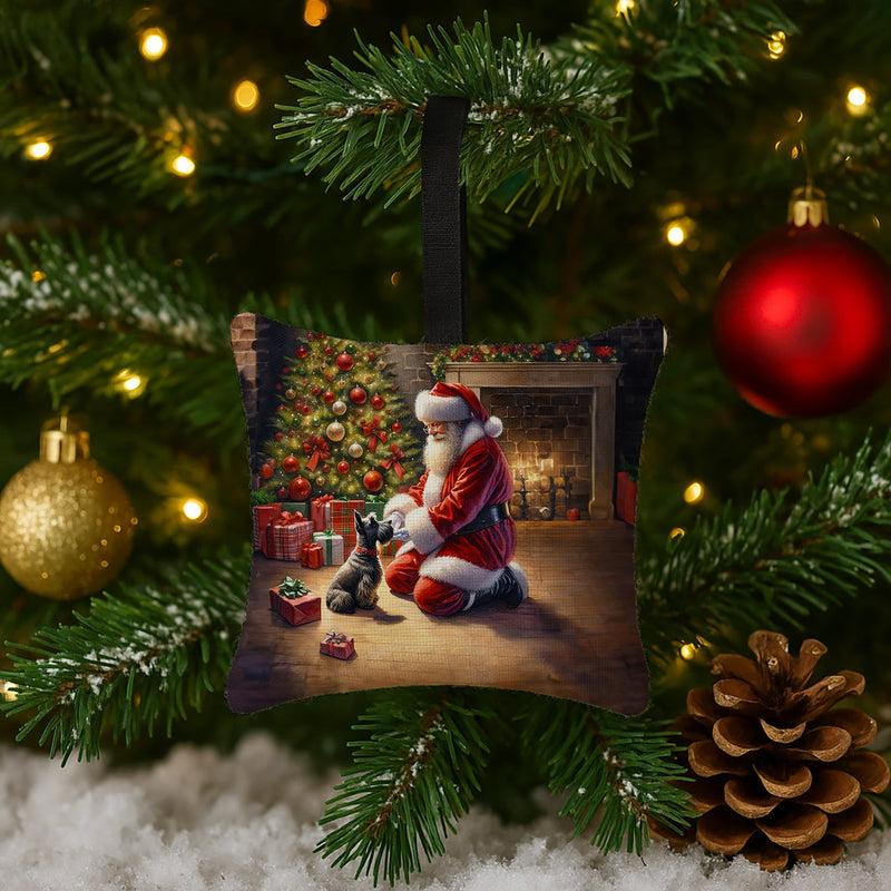 Scottish Terrier and Santa Claus Hanging Square Fabric Ornament 3.5 × 3.5